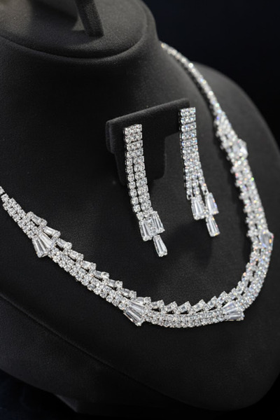 OSMANLI GÜMÜŞ طقم مجوهرات نسائي يتضمن قلادة وأقراط - طراز أليكسيا مع حجر البا...