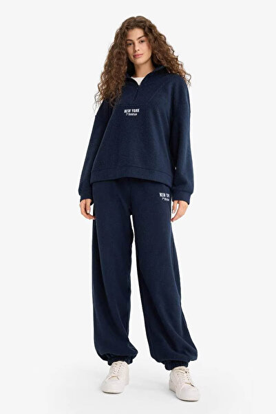 DeFacto Oversized Mock Neck Zippered Printed Fleece Navy Blue Women's Sweatshirt Y2649Az/Nv146