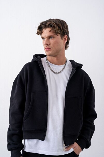 gothamvibes Erkek Boxy Oversize Fermuarlı Chill Siyah Sweatshirt