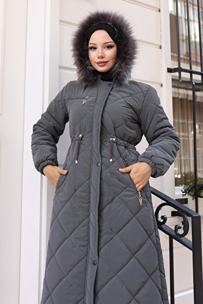 Missvalle Zippered Hooded Quilted Coat Gray 19277