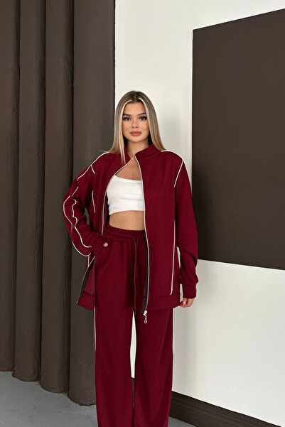 The Robi Women's Burgundy Ara Piped Long Tracksuit Set