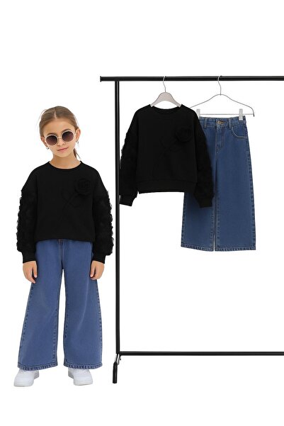 nazarbebe Girl's Rose Detailed Sweatshirt and Wide Leg Jeans Set Black – Ages 6-10 2647