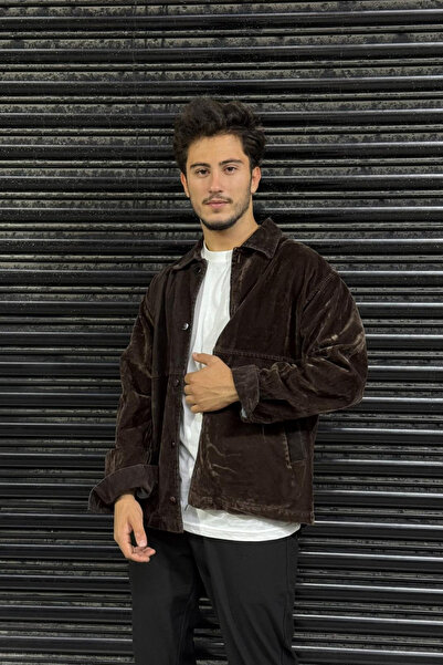 thesunfyre ΑΝΔΡΙΚΟ Καφέ oversized Premium Μπουφάν με διπλή τσέπη από βελούδο