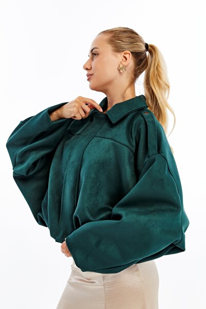 Primaro Zippered Epaulettes Bat Sleeve Apache Collar Suede Coat