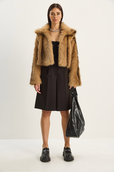 Bianco Lucci Women's Patterned Collared Lined Faux Crop Fur Jacket 2852 60281123