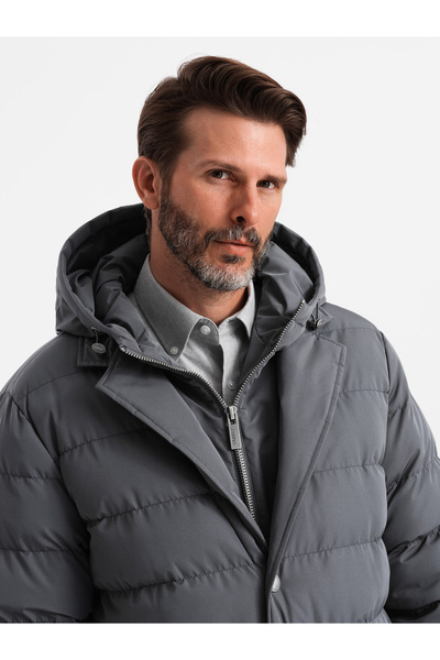 OMBRE Μακρύ καπιτονέ ανδρικό μπουφάν με φλατ και επένδυση - Graphite V2 OM-JALJ-0177