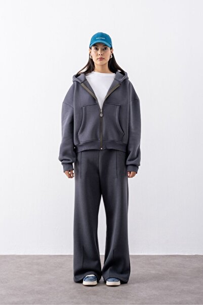 gothamvibes Women's Chill Oversized Anthracite Zippered Sweatshirt