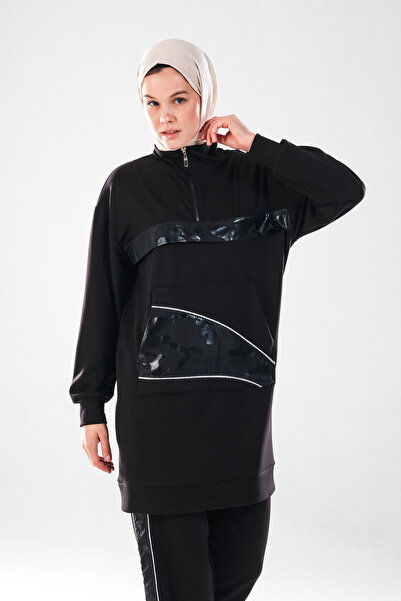 Plistre 2280_Women's Zippered Mock Neck , Silver Piped Detail , Sports Tracksuit Set–Kangaroo Pocket, Striped Pants