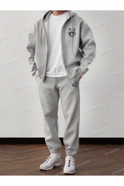 EFFRENATU Trendy Prints Clothing Hooded Zipper Top & Bottom Set Plus Size