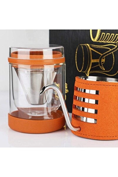 Diguo 2-in-1 Coffee Brewing Pitcher + Serving Cup V60 with Stainless Steel Filter and 200ml Double Insulated Orange Glass Cup