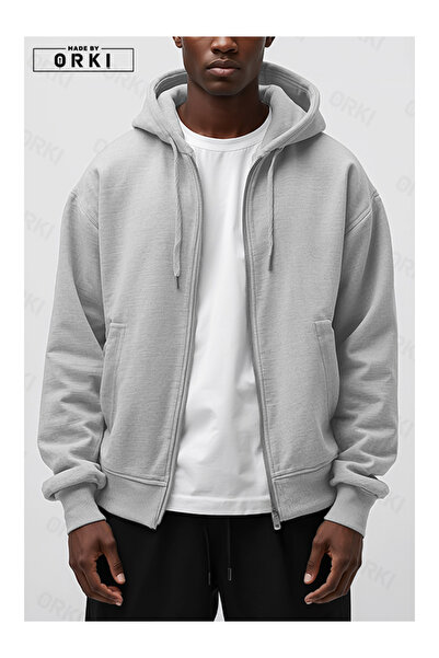 EFFRENATU Gray Unisex Clothing Hooded Zippered Printed Top & Bottom Set Plus Size