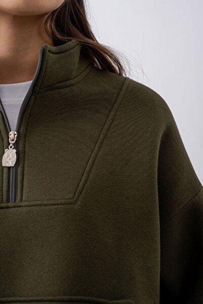 gothamvibes Women's Khaki Zippered Oversized Sweatshirt