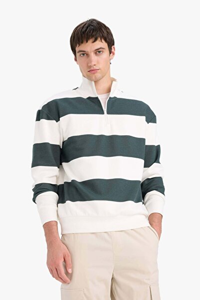 DeFacto Boxy Fit Stehkragen-Sweatshirt mit halbem Reißverschluss und Streifen...