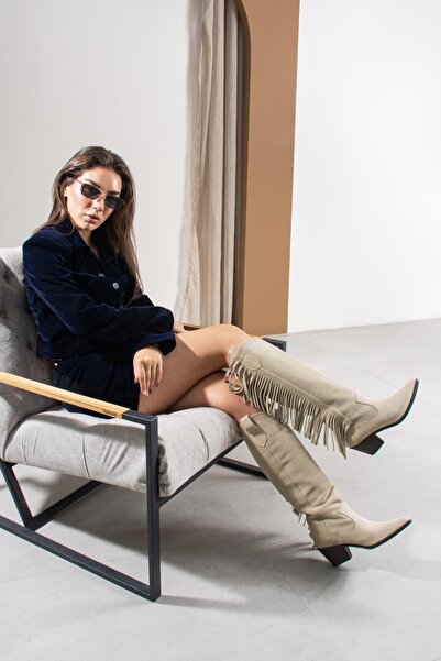 FSKOMBİN Bernardo Beige Suede Genuine Leather Women's Boots