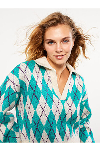 LC Waikiki Polo Collar Patterned Long Sleeve Women's Knitwear Sweater