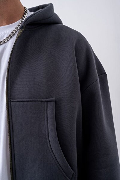 gothamvibes Men's Boxy Oversized Zippered Chill Anthracite Sweatshirt