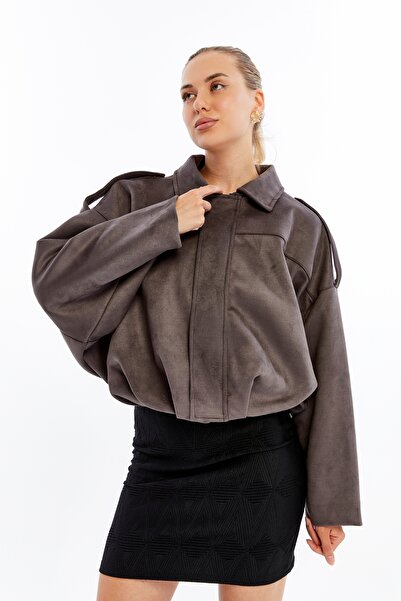 Primaro Zippered Epaulettes Bat Sleeve Apache Collar Suede Coat