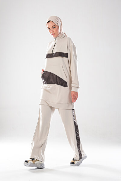 Plistre 2280_Women's Zippered Mock Neck , Silver Piped Detail , Sports Tracksuit Set–Kangaroo Pocket, Striped Pants