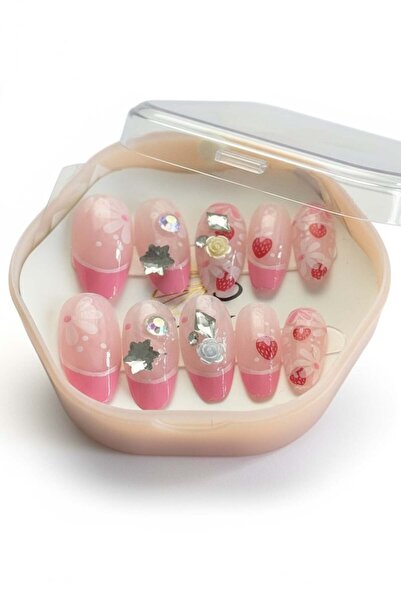 TAKIŞTIR 12'li Pembe Renk Çilek Figürlü Taş Detaylı Takma Tırnak Set (Yapıştı...