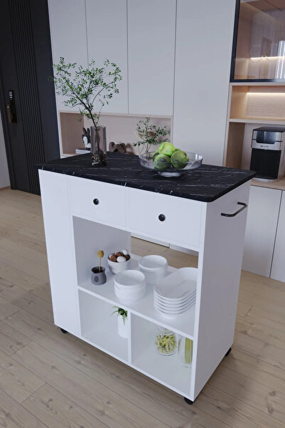 mp atelier Tekerlekli i Kahve Köşesi Dolabı Oval Kenarlı Mikrodalga ve Tost Makinesi Uyumlu, Modern Tasarım