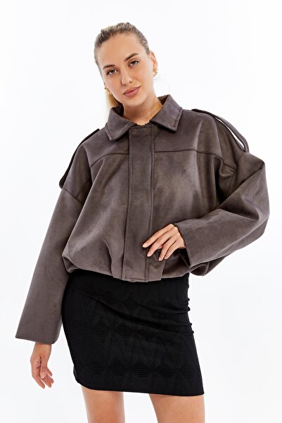 Primaro Zippered Epaulettes Bat Sleeve Apache Collar Suede Coat