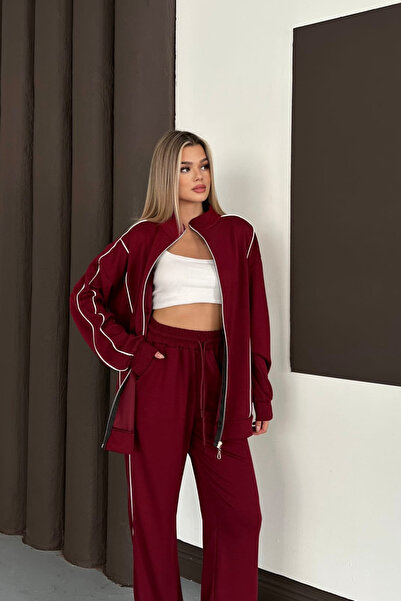 The Robi Women's Burgundy Ara Piped Long Tracksuit Set