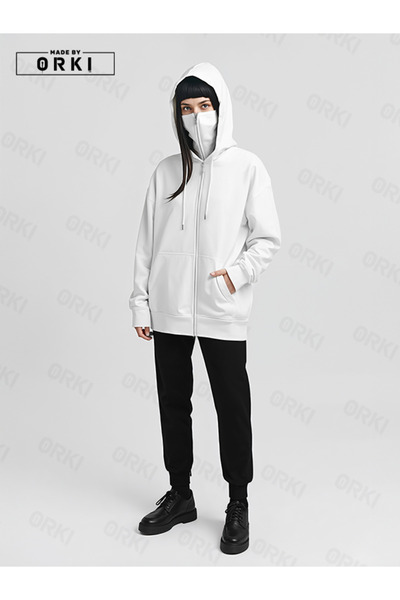 EFFRENATU Masked Ninja White Unisex Sweatshirt Cardigan 3 Thread Thick Pola