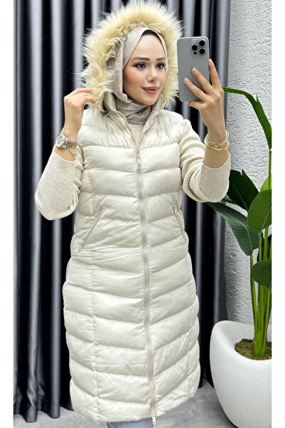 modapark.ist Γυναικείο γούνινο φανελάκι με κουκούλα πέτρα