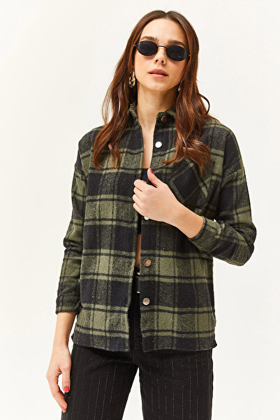 Olalook Kadın Haki Siyah Cepli Kalın Ekose Oduncu Gömlek GML-19001396