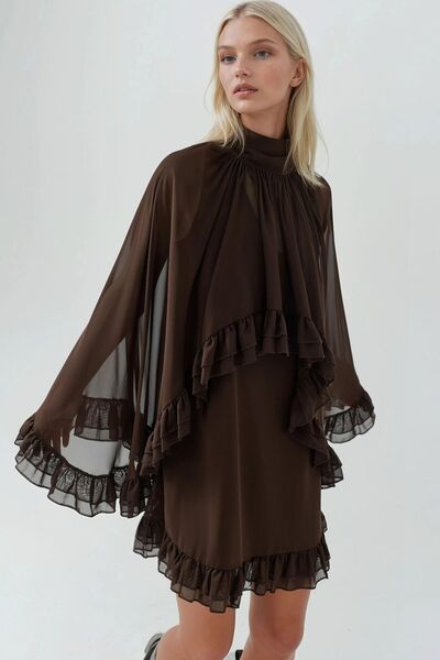 Hiccup Мини рокля с висока яка и набрани ръкави от шифон