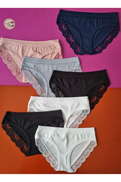 Demirsa Boutique Dantelli, Piped Detail Navy Blue, Powder, Blue, 2 White and 2 Black Colors 7-Piece Modal Women's Bikini Panties