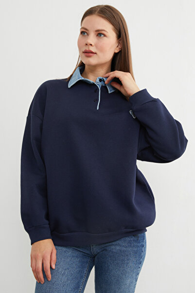 Fulla Moda 3-ниткова вишивка у вигляді серця, поло з коміром, джинсові деталі, світшот