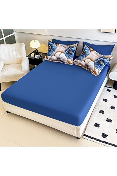 JOJO HOME Bedding set, 5D print, with elastic, 140x200cm, 4 pieces, Flowers, Navy blue