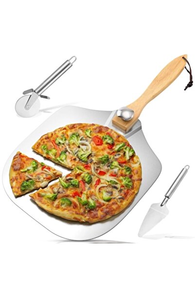 OEM Pizza spatula set, aluminum, 30.5 x 35.6 cm, with wooden handle, knife and slicer included