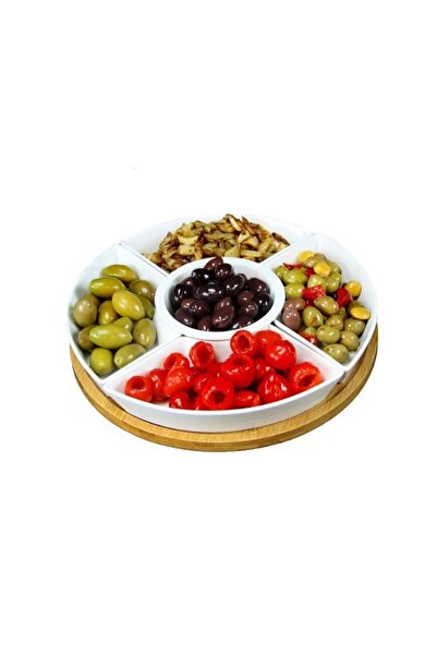 Florentyna Porcelain serving bowl set with bamboo stand, 5 pieces, white, Florina