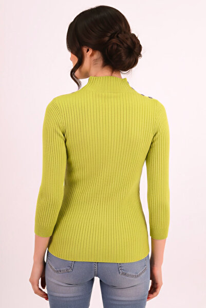 armonika Women's Oil Green Mock Neck Knitwear Sweater with Staple Detail on the Shoulders Arm-26K136065
