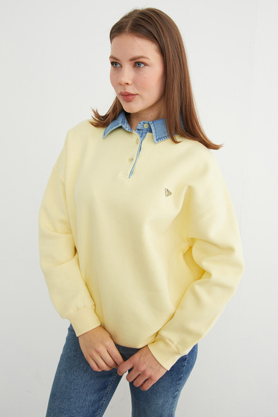 Fulla Moda 3 İplik Kot g Paneled Sweatshirt with Metal Accessories