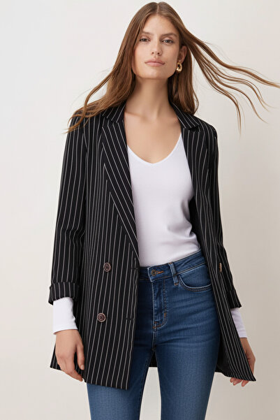 armonika Women's Black Oversized Double Sleeve Double-Breasted Collar Lined Blazer Jacket Arm-26K001052