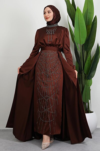 GİYZAMİLA İşlemeli Pelerinli Abiye Acı Kahve