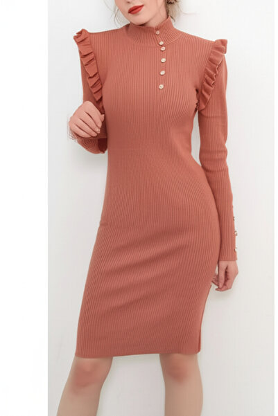 akkanatbutik Women's Collar Sleeve Button Detailed Knitwear Dress