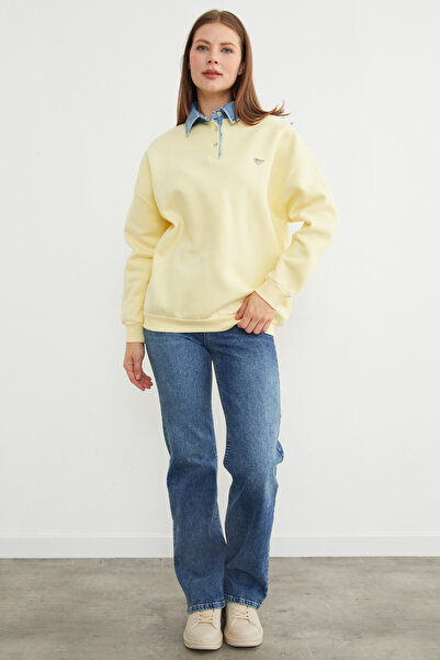 Fulla Moda 3 İplik Kot g Paneled Sweatshirt with Metal Accessories