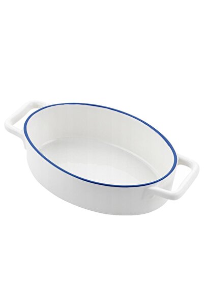 Florentyna Oval ceramic heat-resistant oven dish, 27 x 15 x 6.5 cm, white with blue rim, Yucca