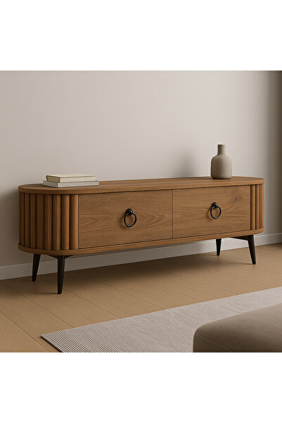 İGEMTASARİM Linea 180 lik Ovalli Çıtalı 2 Kapaklı TV Ünitesi – Ceviz Detaylı,...