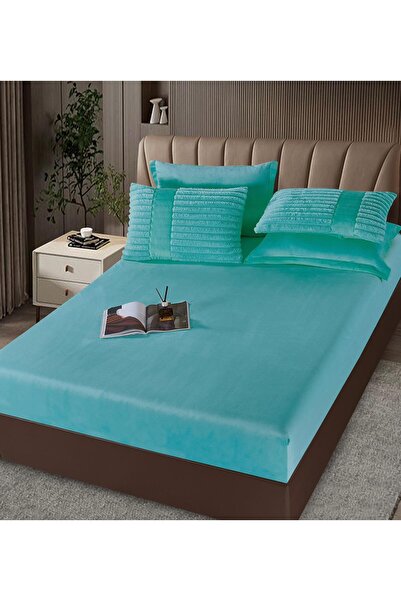 JOJO HOME Double bed linen with elastic and duvet included, faux rabbit fur, 6 pieces, Turquoise