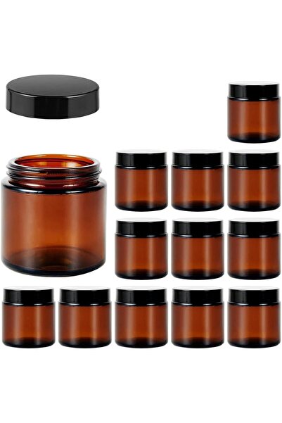 FUFU عبوة من ١٢ برطمان زجاجي دائري بلون العنبر، ١٠٠ غرام برطمانات فارغة بأغطية - عبوة مستحضرات تجميل قابلة لإعادة التعبئة للسفر