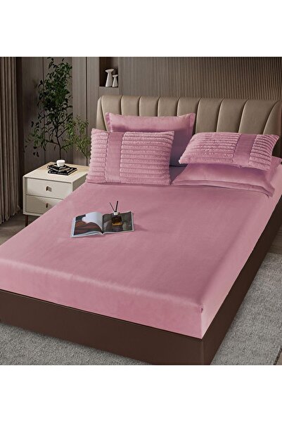 JOJO HOME Double bed linen with elastic and duvet included, faux rabbit fur, 6 pieces, Pink