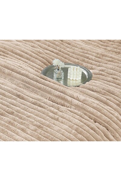 JOJO HOME Double bed linen with elastic and duvet included, faux rabbit fur, 6 pieces, Beige