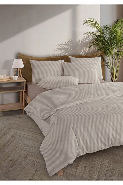 Monolisse Line 100% Cotton Ranforce Akay Beige Yarn Dyed Duvet Cover Set Single Size - 160X220 cm