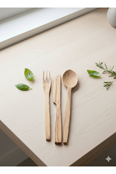 Home Premium Olive Wood |   3-Piece Rustic Dinnerware Set - Wooden Fork, Spoo...