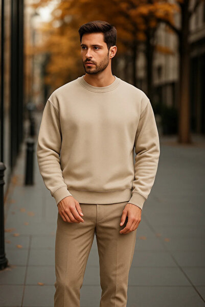 COMBİNE MİCHAİL Men's Casual Basic Cream Loose Sweater